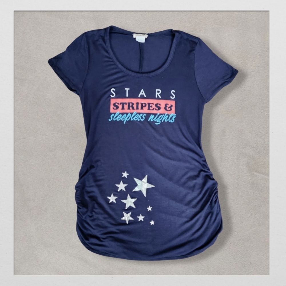 Blue "Stars, Stripes and Sleepless Nights" Top, Women's Small (Maternity)
